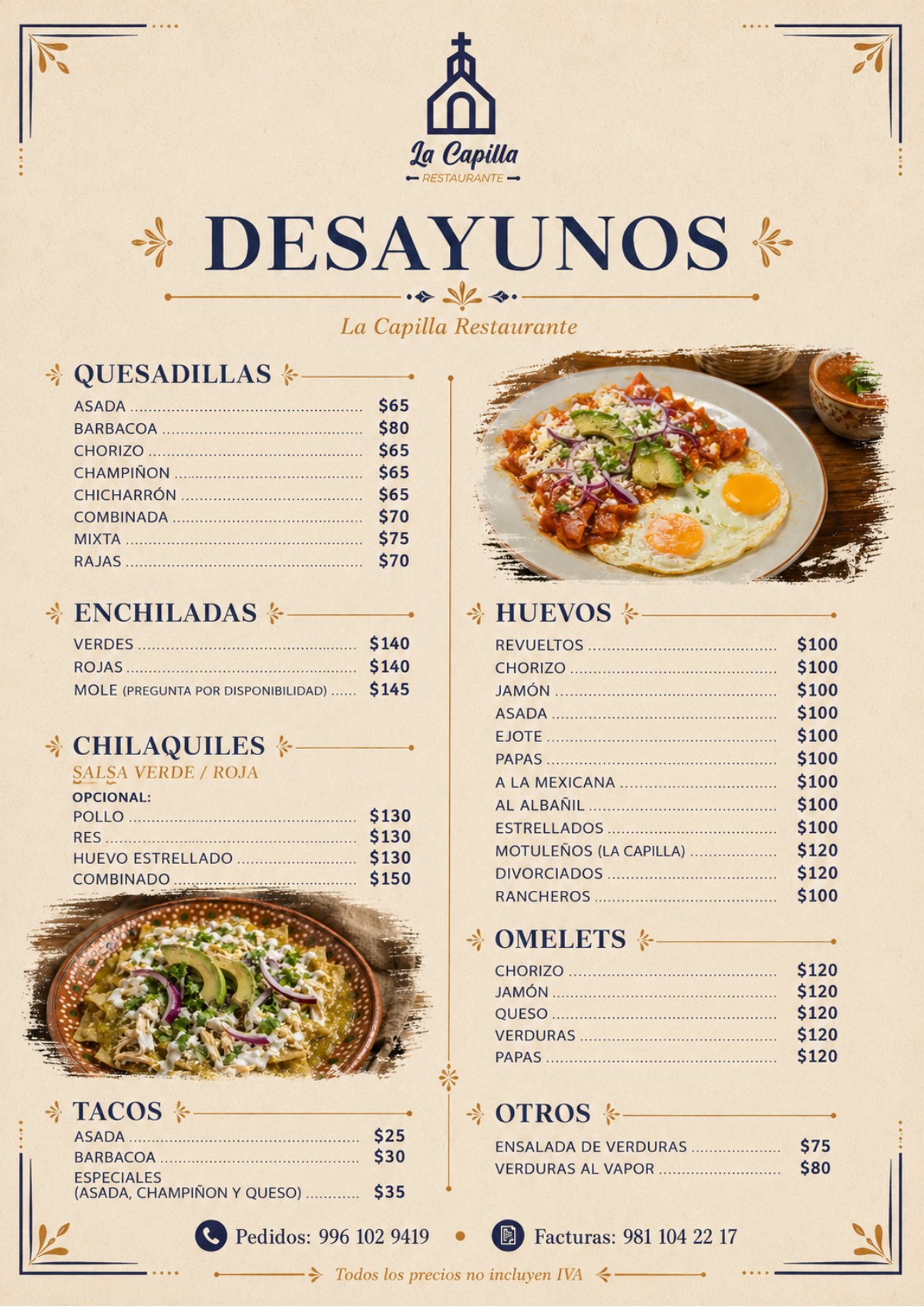 Menú de desayunos con quesadillas, enchiladas, chilaquiles, tacos, huevos, omelets y otros