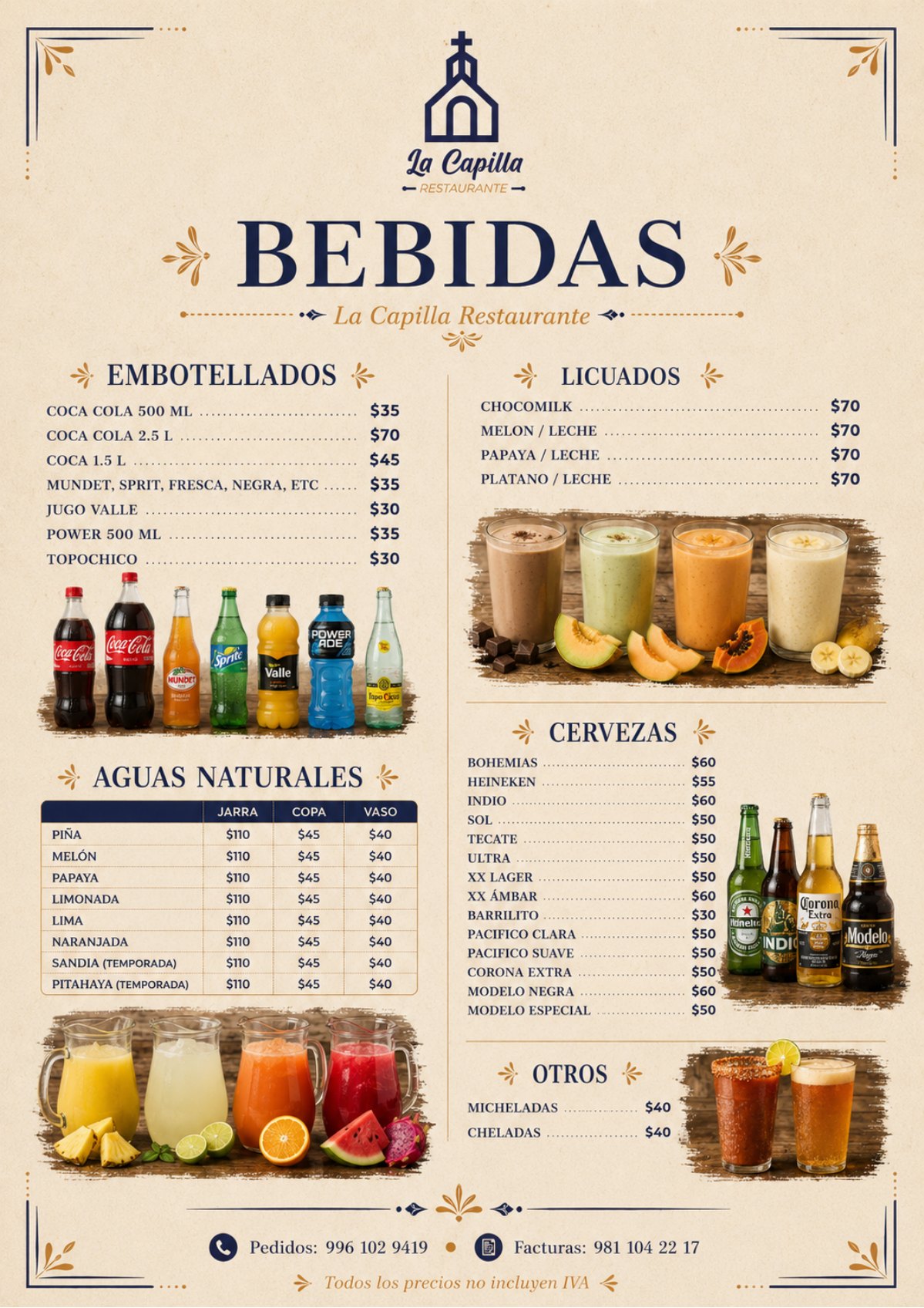 Menú de bebidas con embotellados, aguas naturales, licuados, cervezas y micheladas